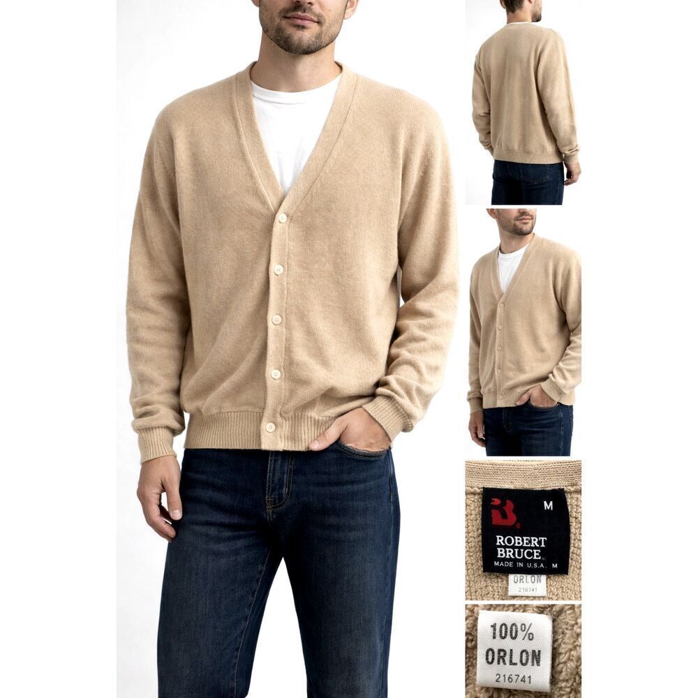 Vintage Robert Bruce Grandpa Cardigan Sweater Medium Tan 100% Orlon USA Coastal